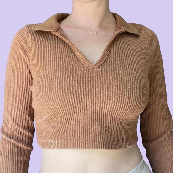 Wild Fable Light Brown Ribbed Collared Crop Top – Size M - Picture 3 of 5